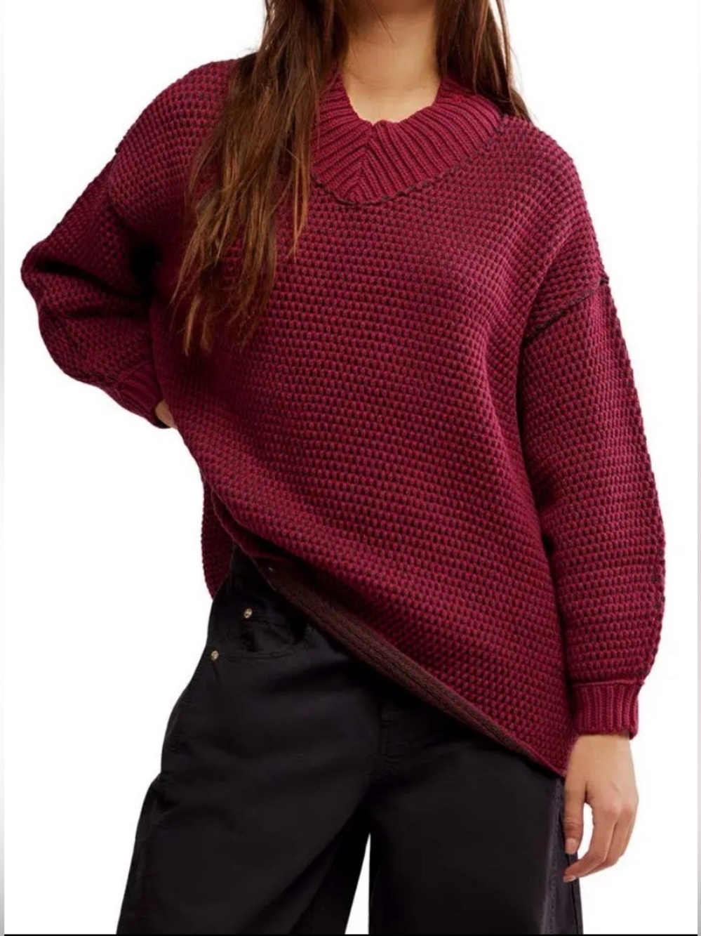 Free People Maisie Oversized Sweater Cranberry Fudge‎ Boho Slouchy M NWT